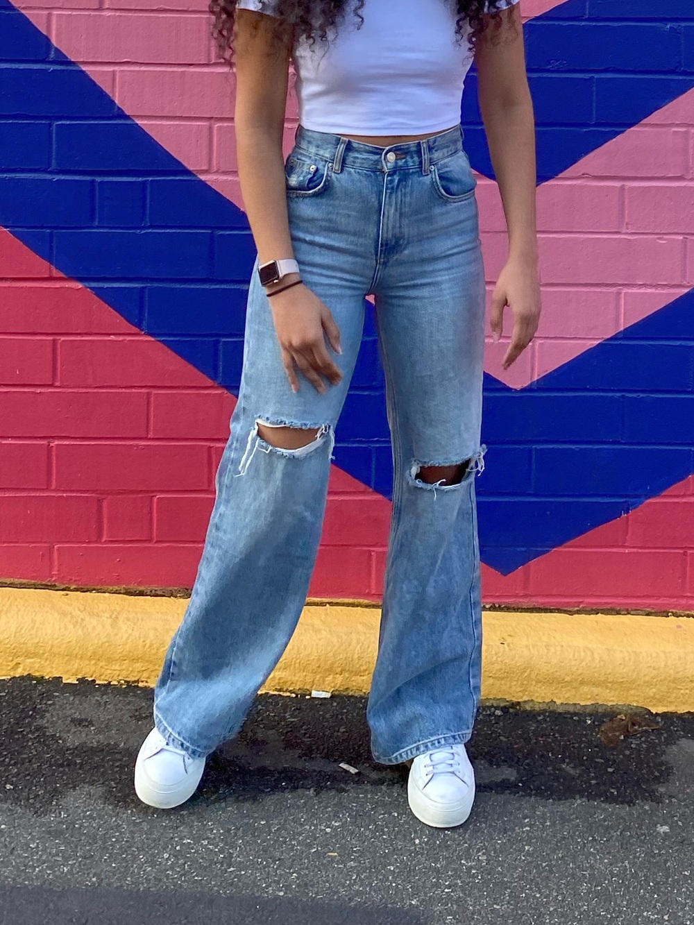 Pull&Bear Light Blue Distressed Wide-Leg Jeans